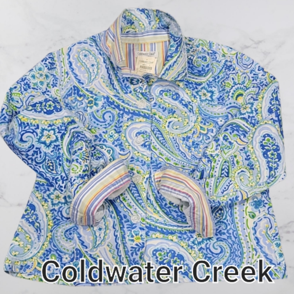 Coldwater Creek Women's Blue Paisley Jean Jacket with Green & Yellow Accents